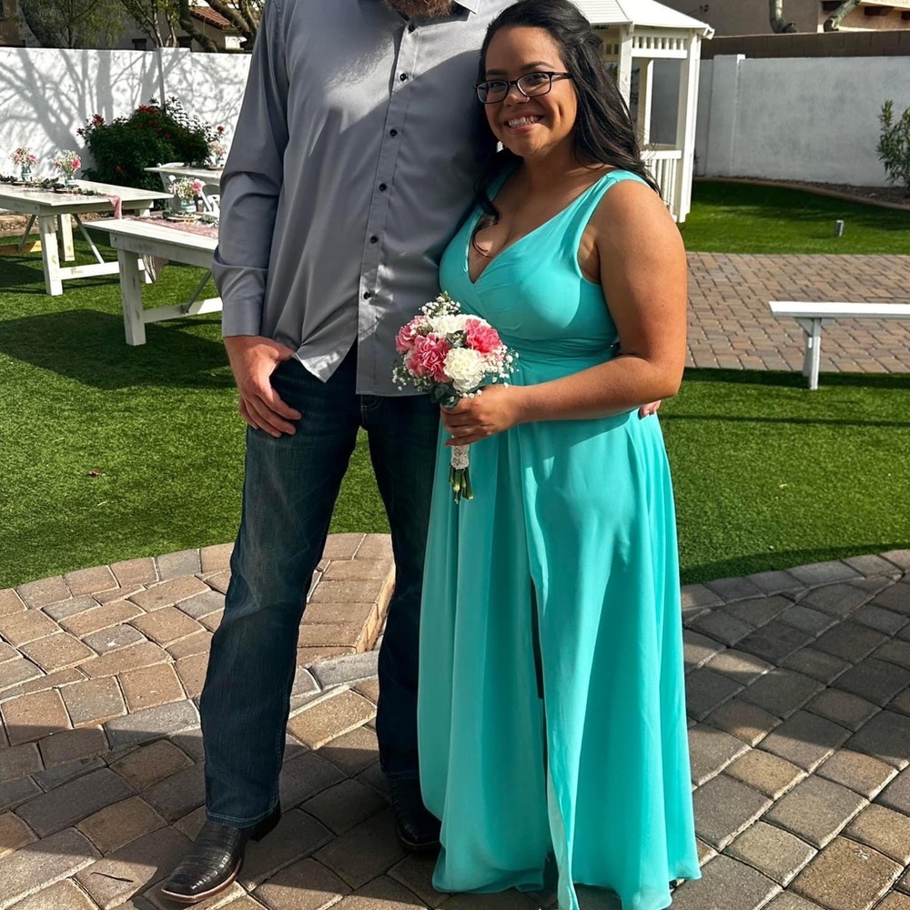 Tiffany Blue V Neck Plus Size Bridesmaid Dress with Slit - Size 12